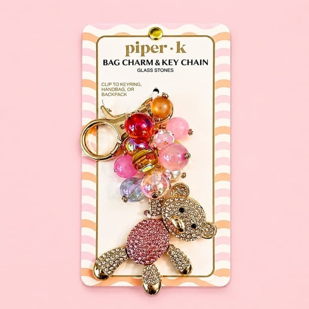 Piper K Viral Rhinestone Teddy Bear with Balloons Bag Charm / Key Chain NWT
